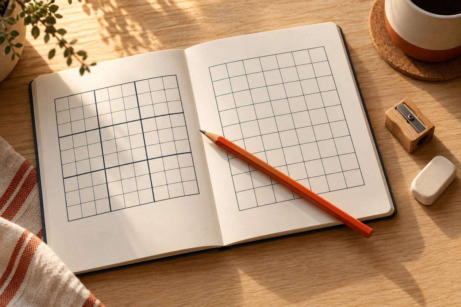 Carnet de jeux avec grille vide, crayon et gomme sur une table