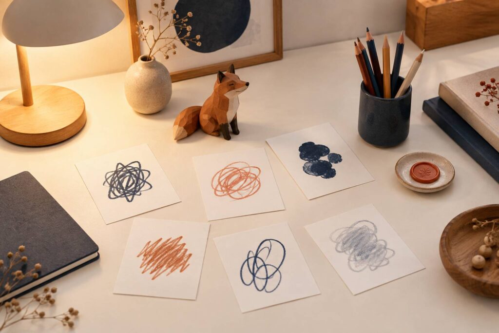 Cartes de devinettes et crayons de couleur sur un bureau en papier crème