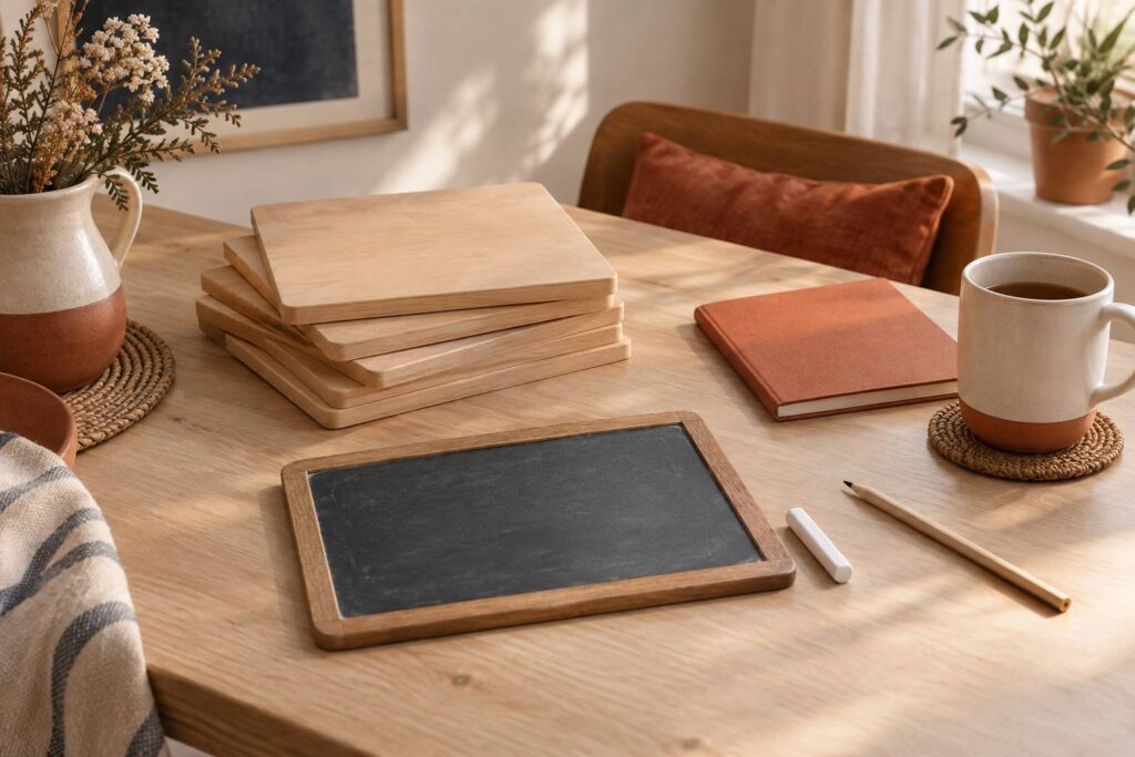 Plaques de jeu en bois empilees et ardoise vierge sur une table claire