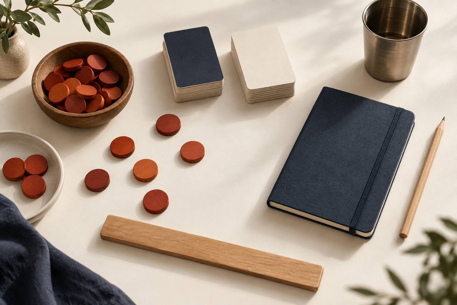 Plaques de jeu en bois et carnet ferme sur une table de bois