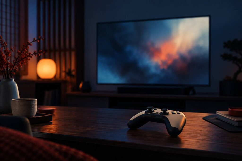 Manette de jeu contemporaine sur un bureau sombre avec écran allumé en arrière-plan flou