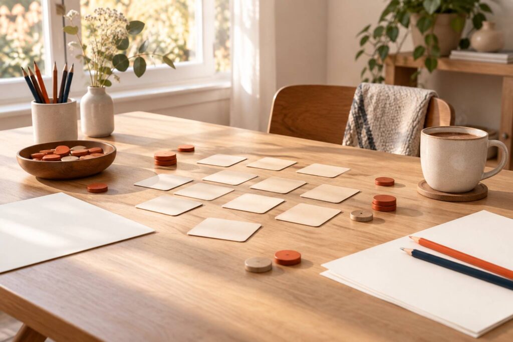 Table de jeu en bois clair avec cartes retournées et jetons colorés