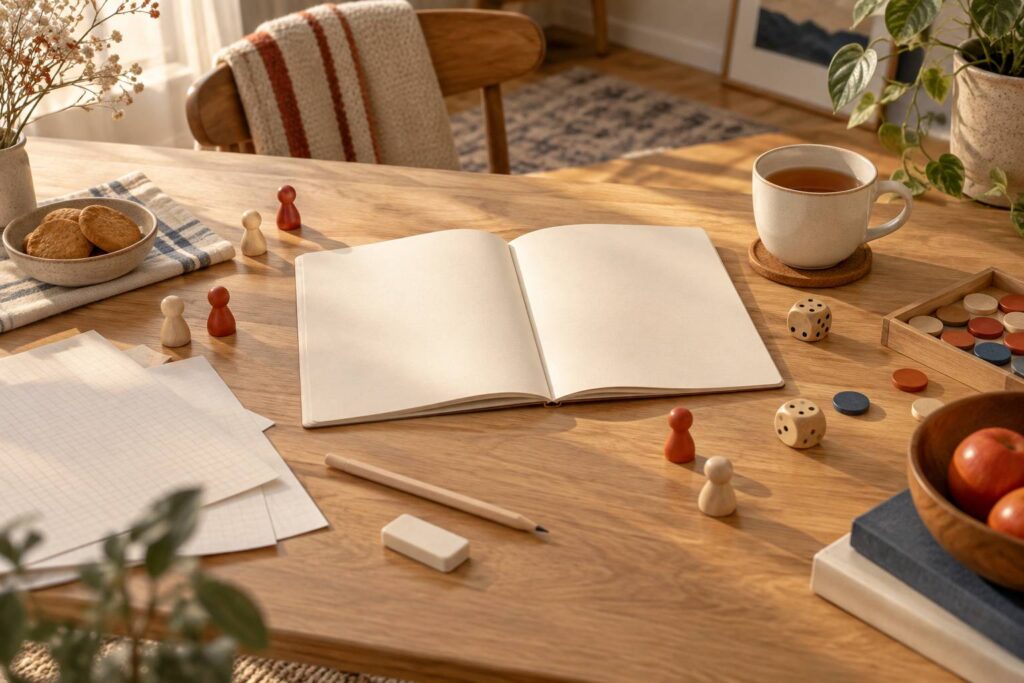Table de jeu avec feuilles vierges, crayons et des en bois