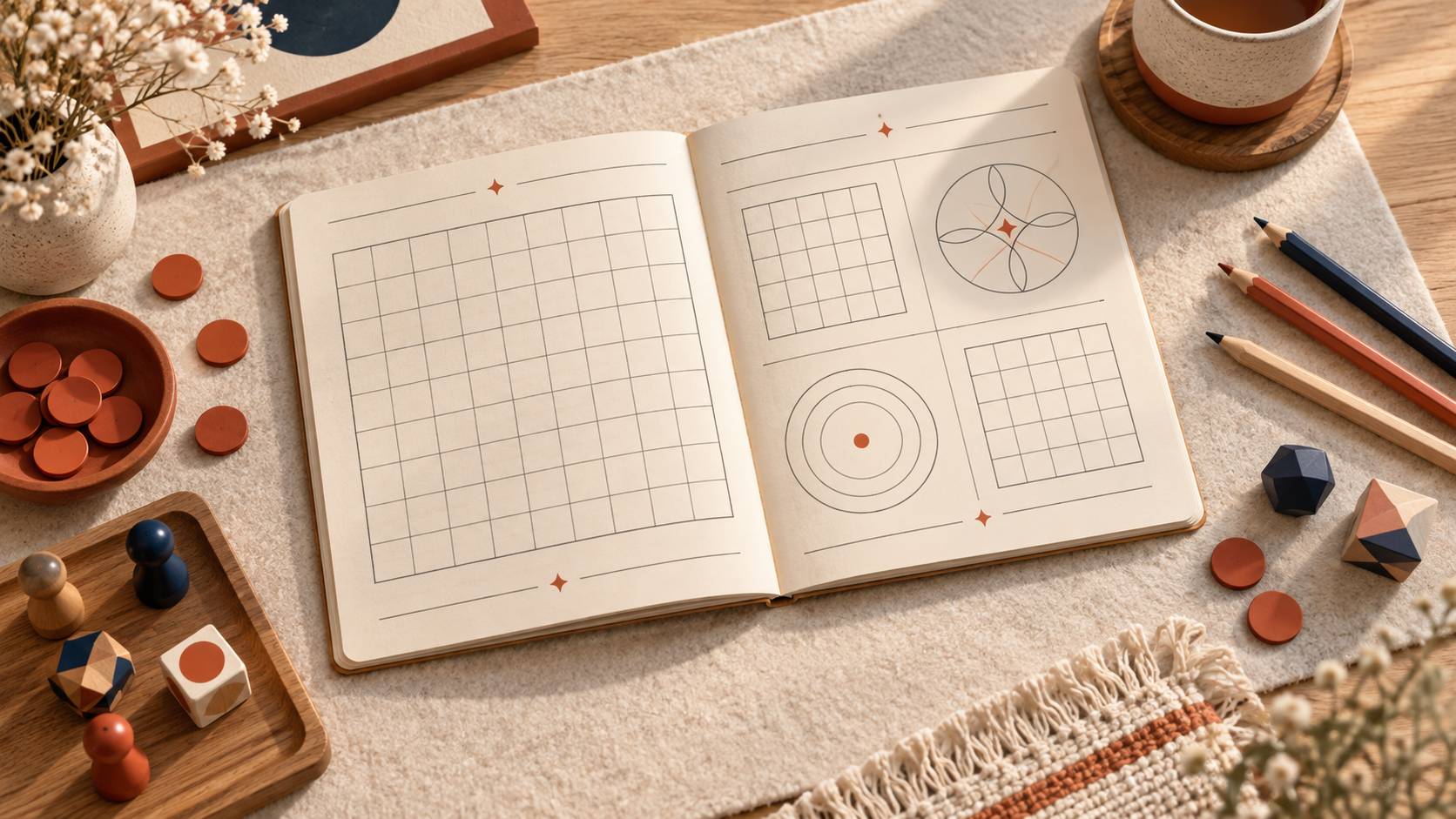 Cahier de jeux vierge, crayons et pions sur une table