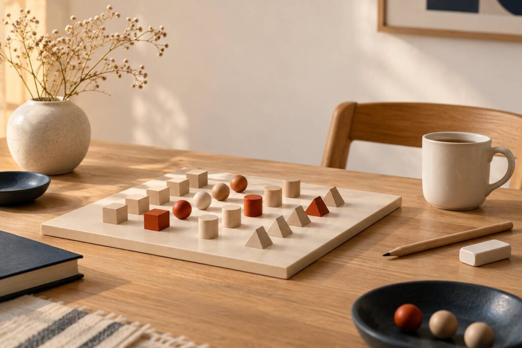 Pions en bois alignés sur une table de jeu chaleureuse