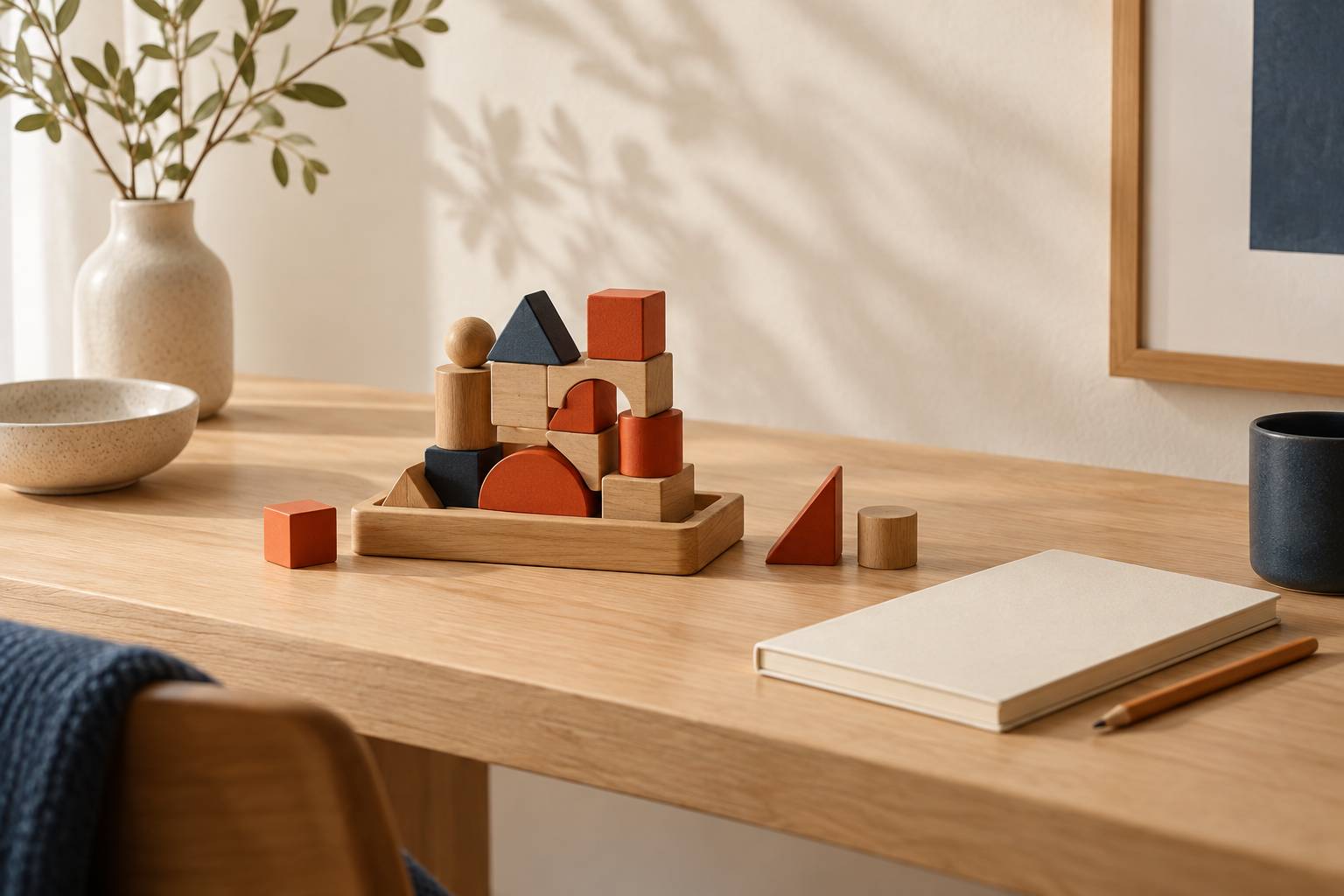 Pièces de bois d'un jeu de logique empilées près d'un carnet fermé