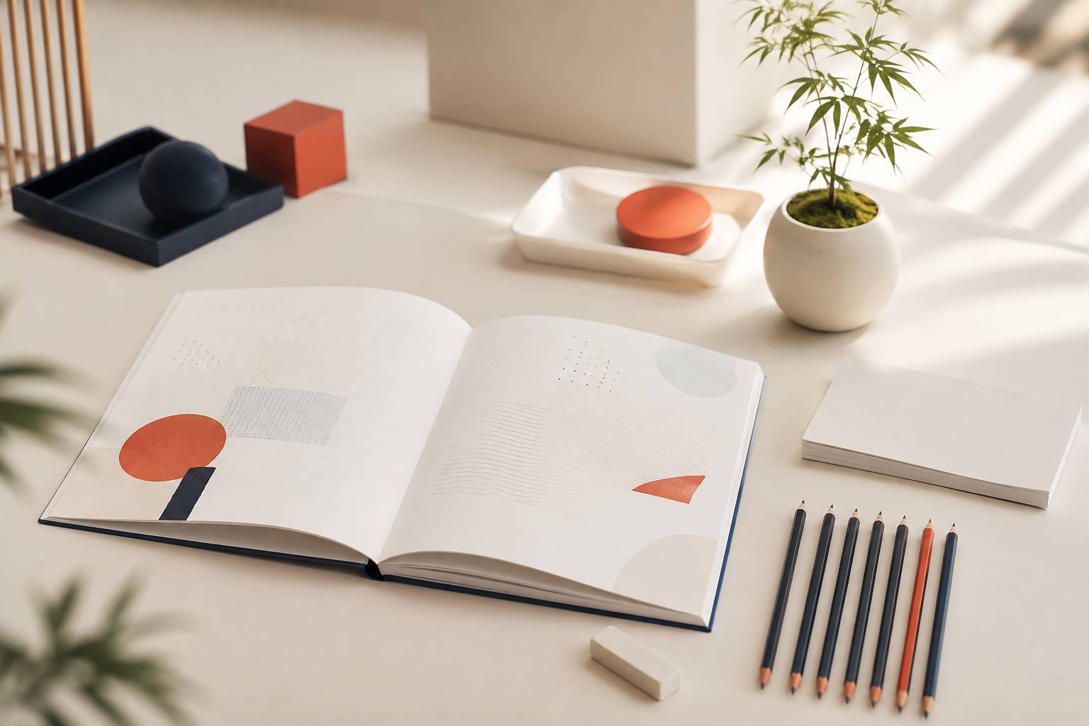 Espace de jeu avec cahier, crayons taillés et bloc-notes