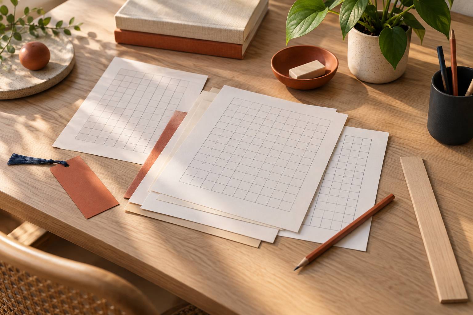 Grilles quadrillées vides empilées sur un bureau avec crayon et règle