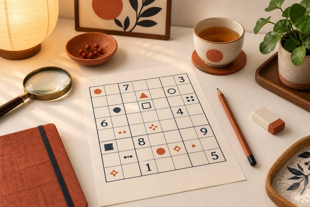 Grille de jeu de chiffres imprimée à plat avec un crayon et une gomme