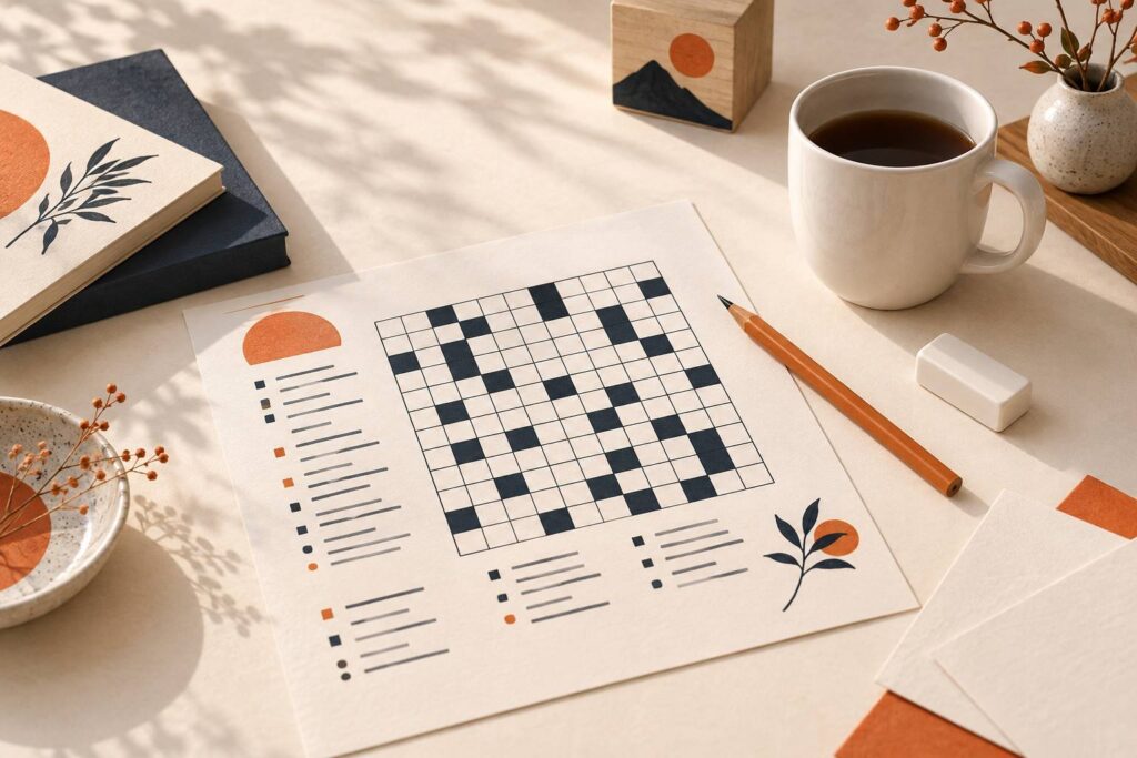 Grille de mots croisés imprimée avec crayon et gomme sur un bureau chaleureux