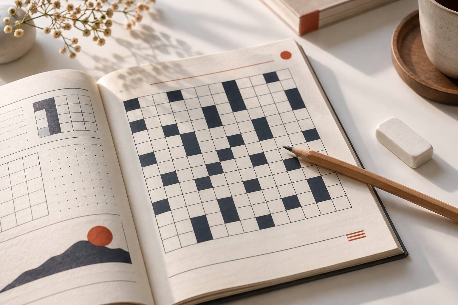 Gros plan sur une grille de mots croisés à moitié remplie et un crayon
