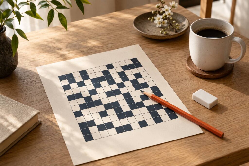 Grille de puzzle à cases et crayon posés sur une table