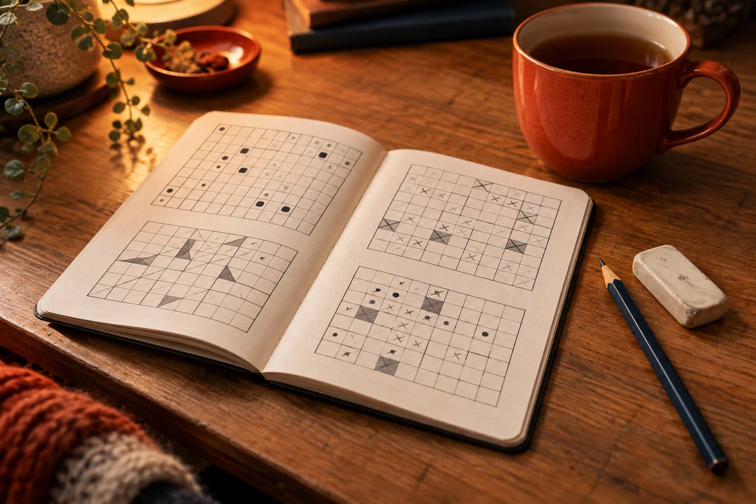 Carnet de grilles de logique avec crayon et gomme près d'une tasse de thé