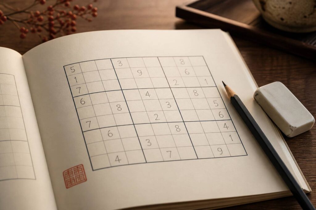 Grille de sudoku partiellement remplie au crayon dans un cahier de jeux