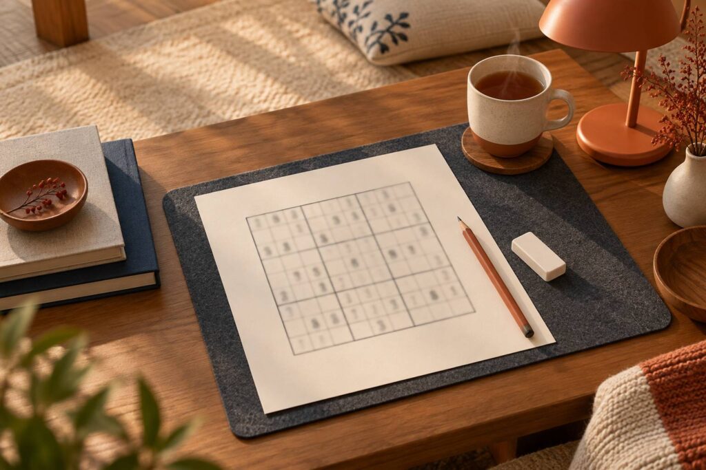 Grille de sudoku avec crayon et tasse de thé sur une table