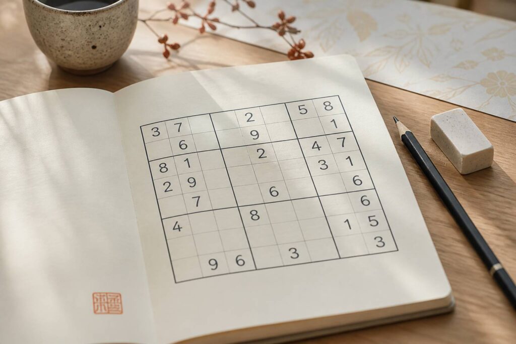 Grille de sudoku remplie au crayon sur papier crème avec crayon et gomme