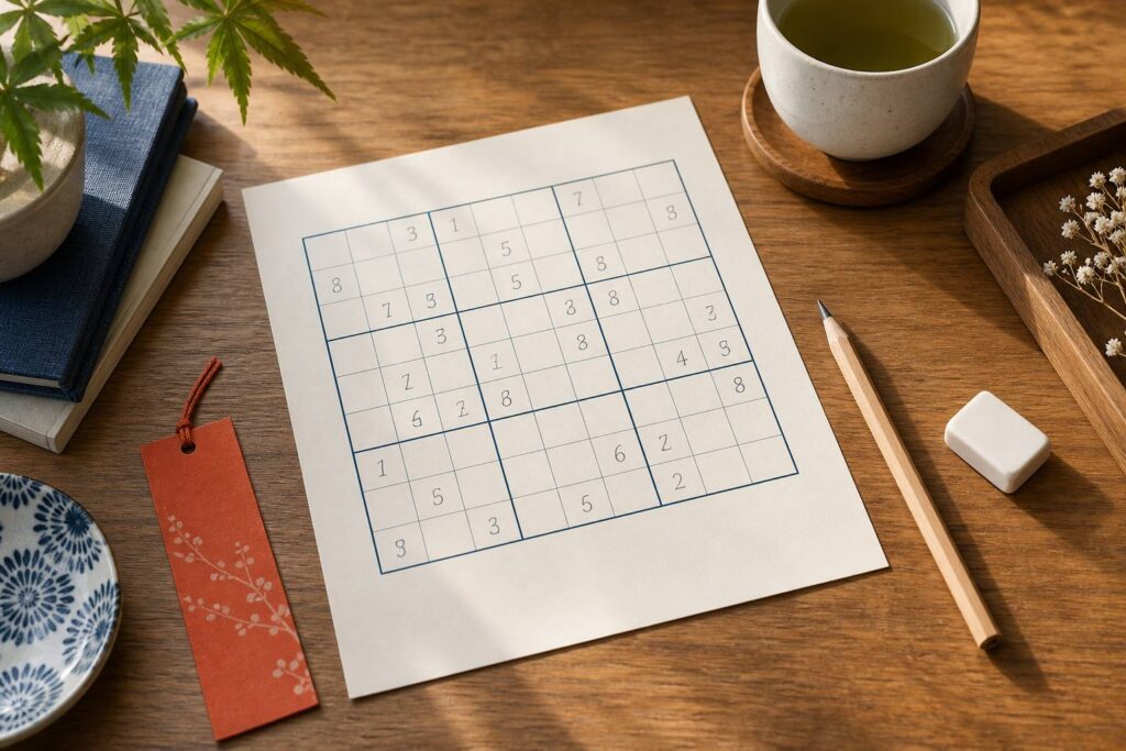 Grille de sudoku sur papier crème avec crayon, gomme et tasse de thé