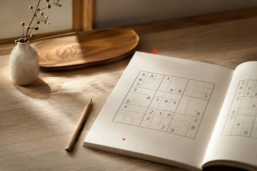 Grille de sudoku partiellement remplie posée sur une table avec un crayon
