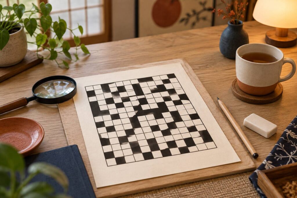 Grille de yakazu aux cases noires et blanches avec crayon sur une table