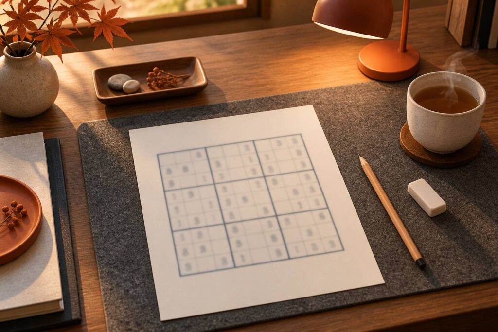 Grille de yakazu avec crayon et tasse de thé sur une table