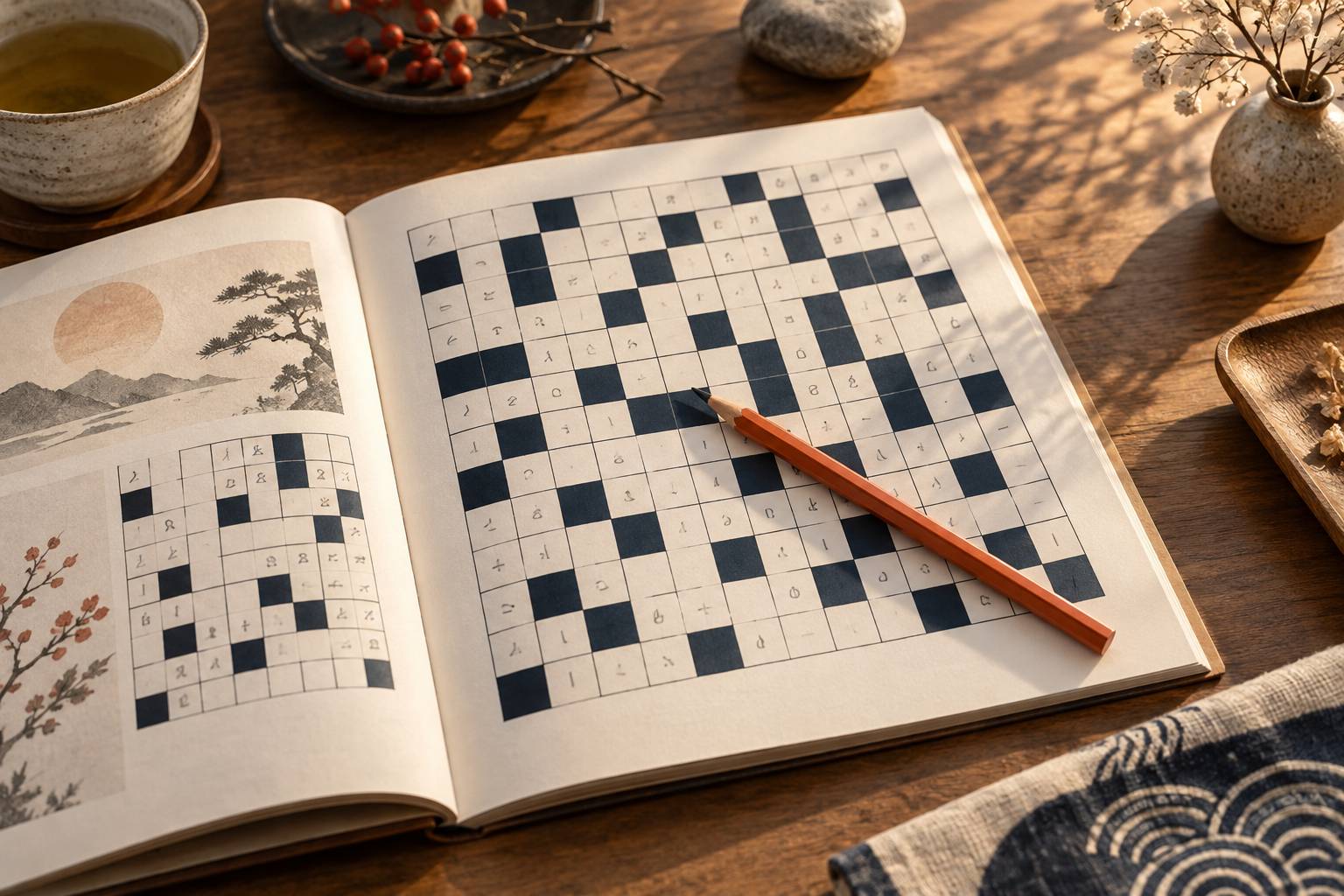Gros plan sur une grille de chiffres croisés et un crayon vermillon