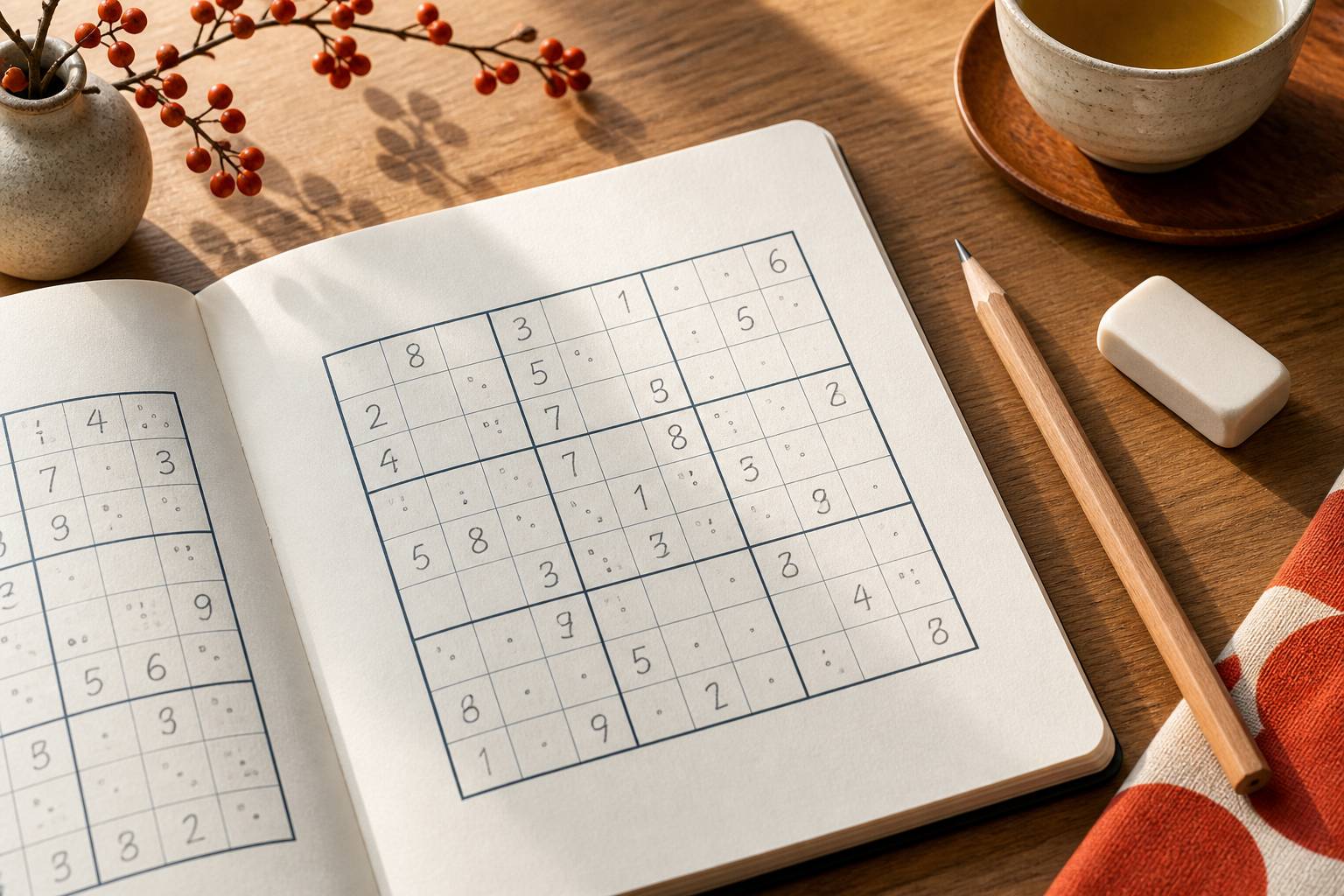 Gros plan sur une grille de sudoku annotée au crayon avec notes de candidats