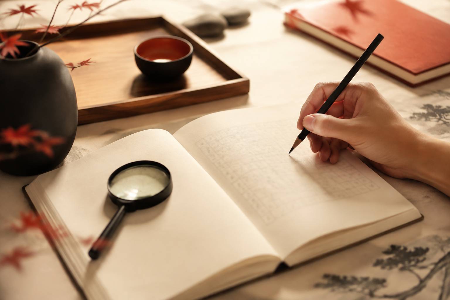 Main avec un crayon au-dessus d'une grille de kakuro