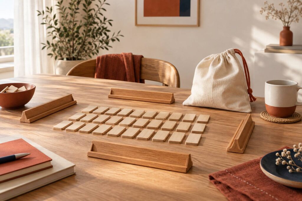 Pieces de jeu en bois face cachee et chevalet sur une table claire