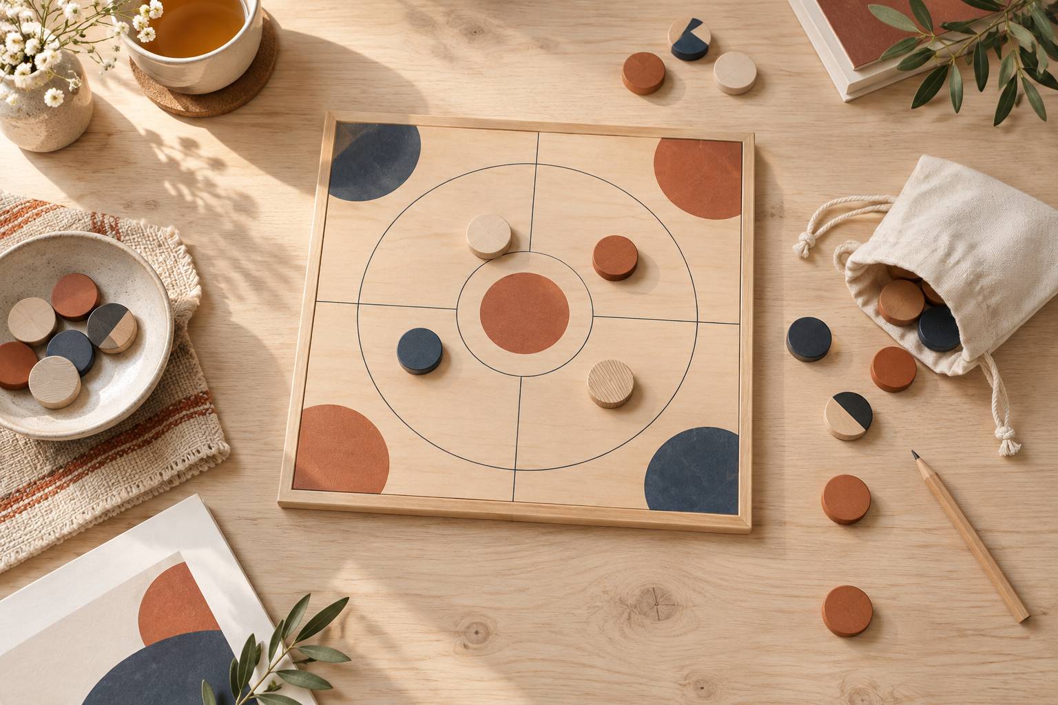 Pieces de jeu retournees face cachee et sac de toile sur un plateau