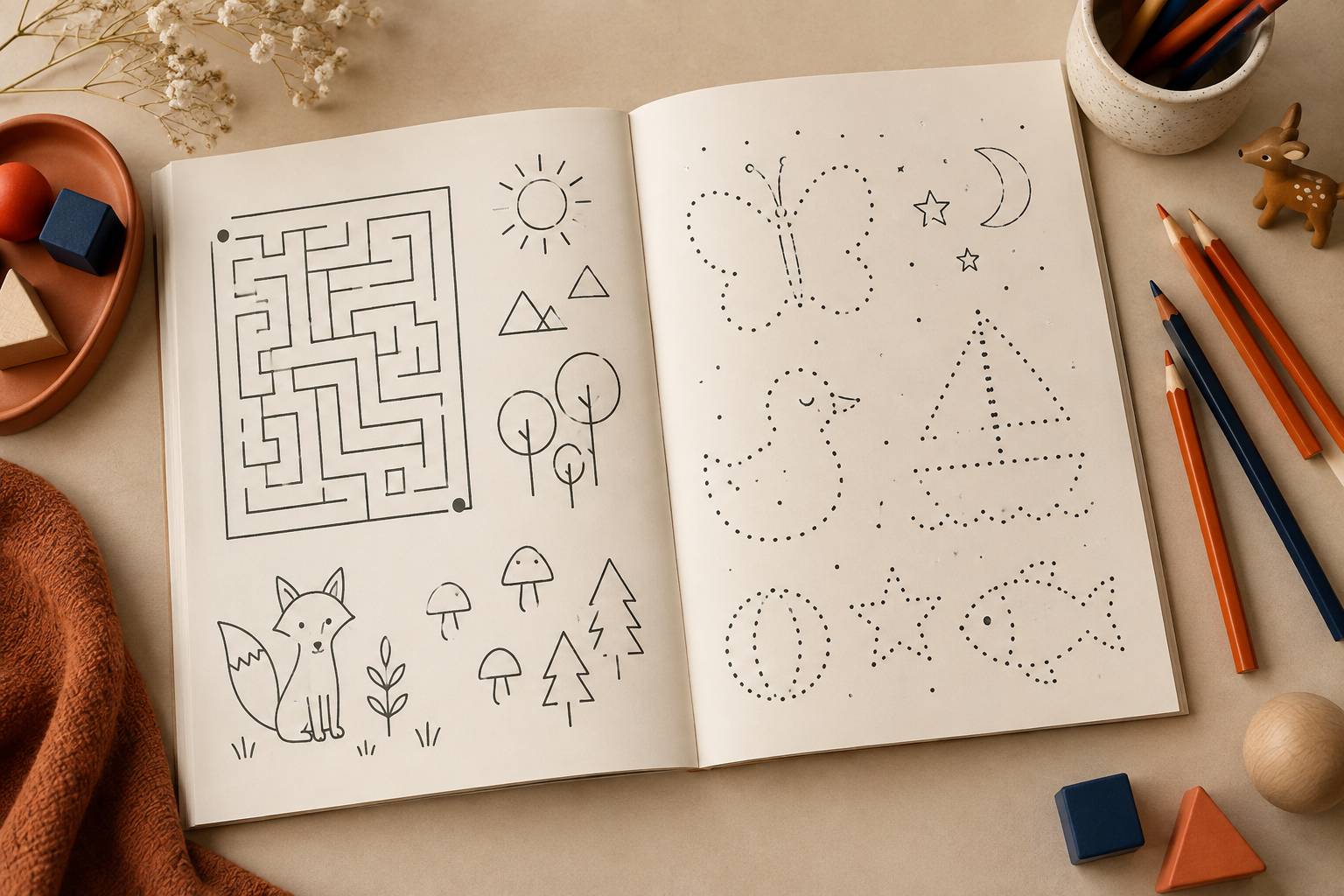 Cahier de jeux ouvert avec dessins au trait et crayons de couleur
