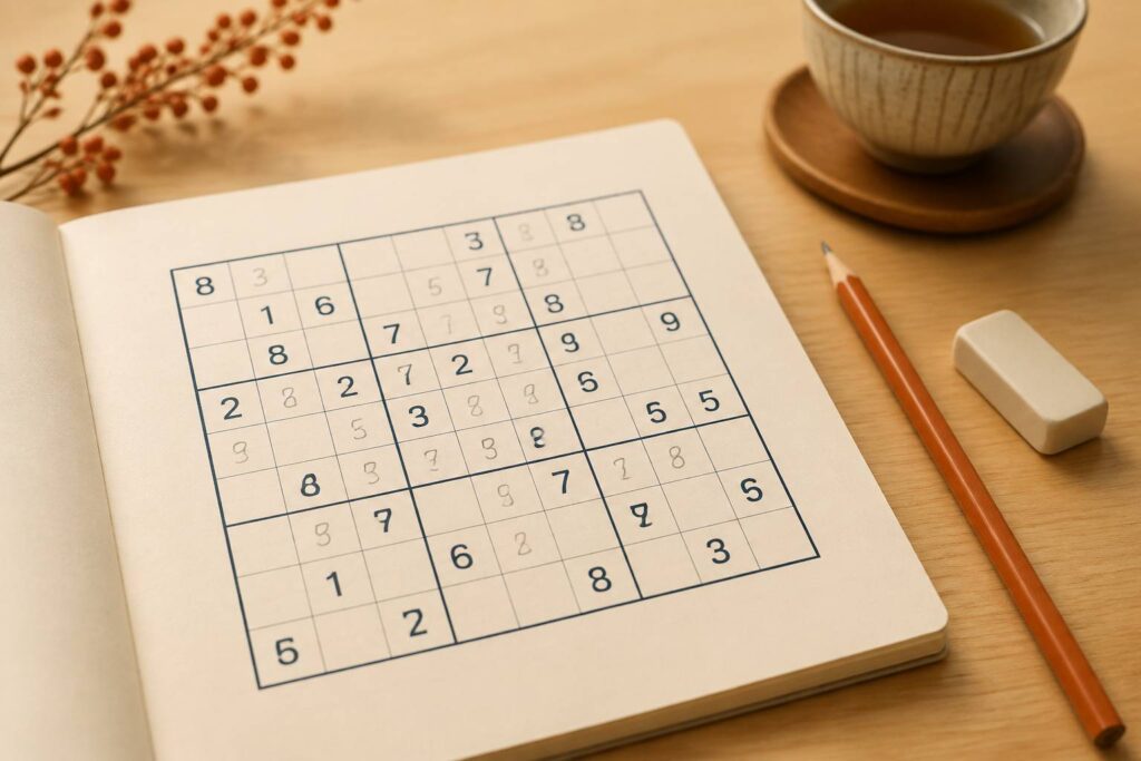 Grille de sudoku imprimée avec crayon et gomme posés sur une table en bois clair