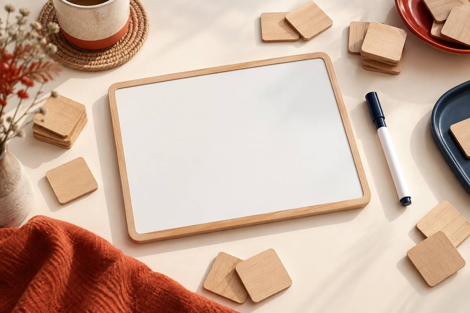 Ardoise vierge et plaquettes de jeu en bois sur une table