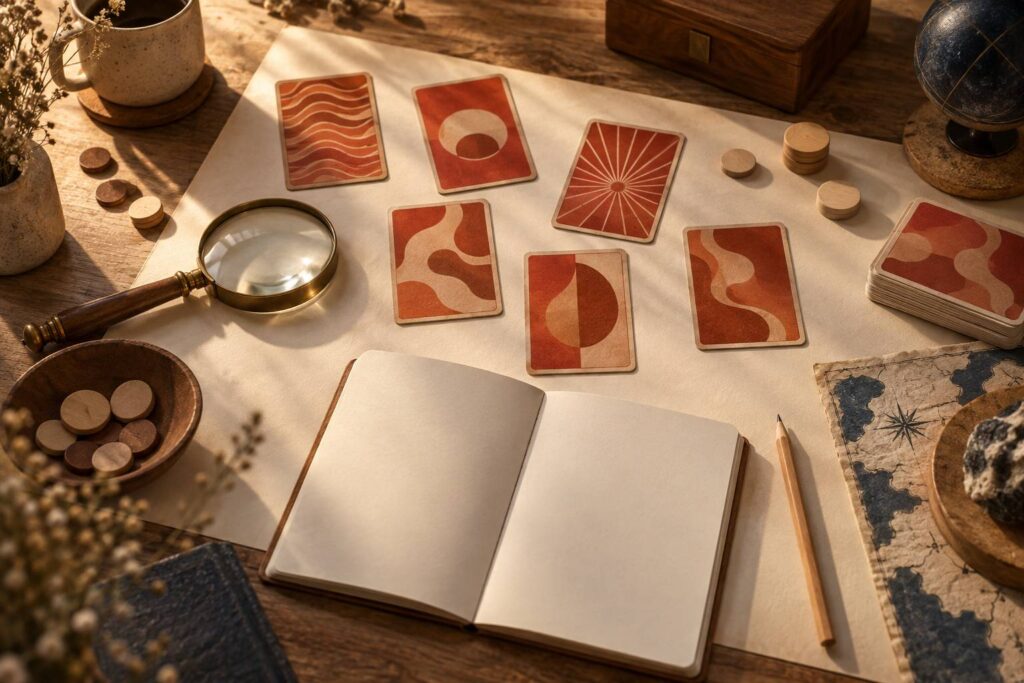 Cartes illustrees retournees et jetons de bois sur une table de jeu