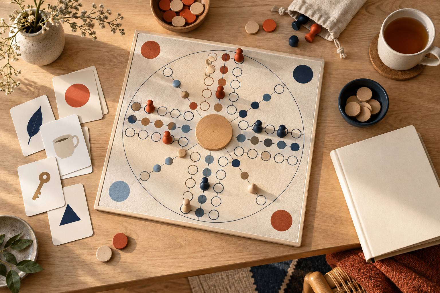 Plateau de jeu avec pions en bois et cartes muettes