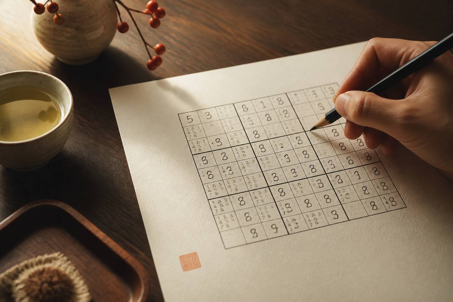 Main écrivant des chiffres au crayon dans une grille de sudoku avec annotations