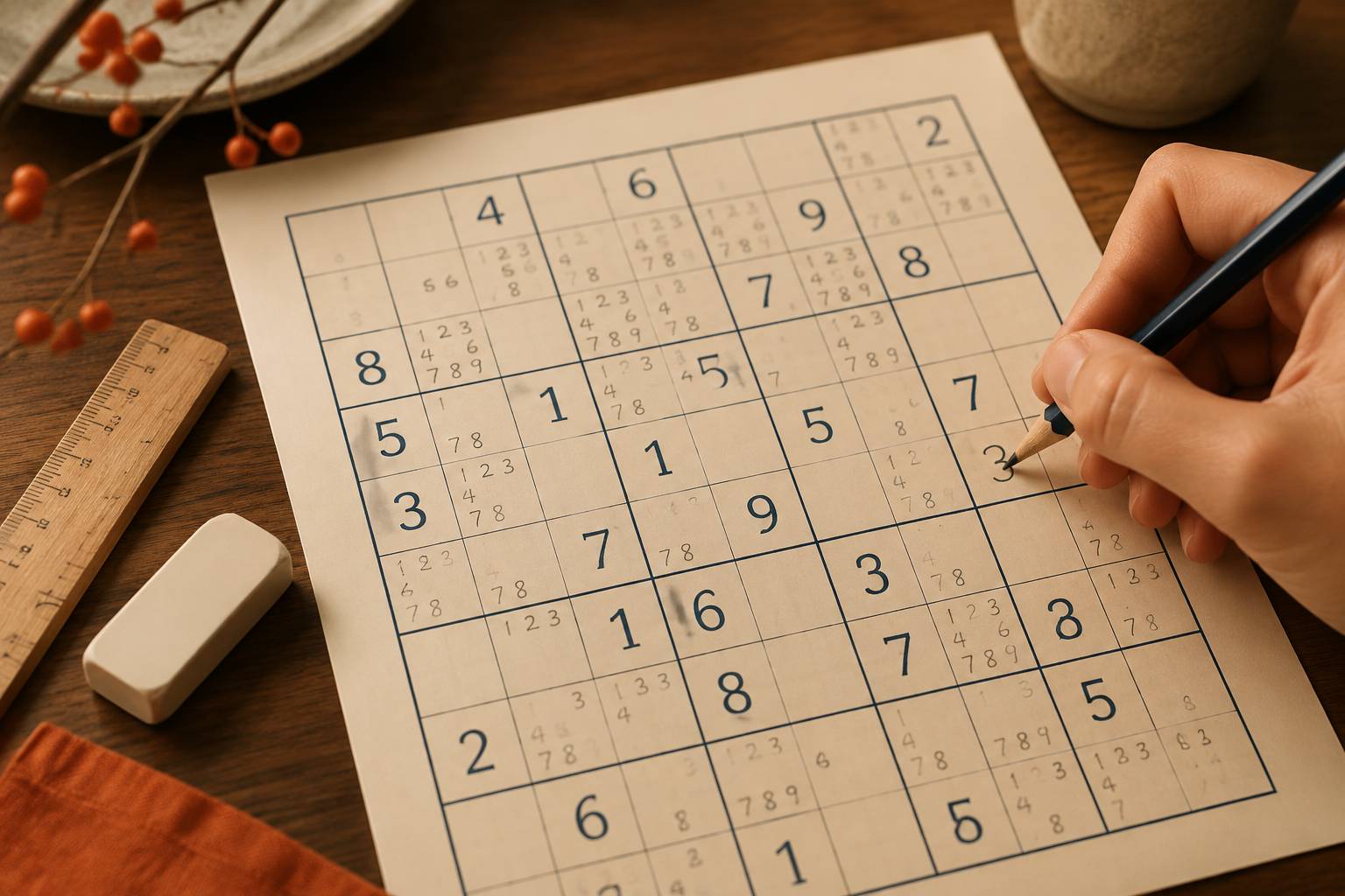Main écrivant des notes de candidats au crayon sur une grille de sudoku en cours de résolution