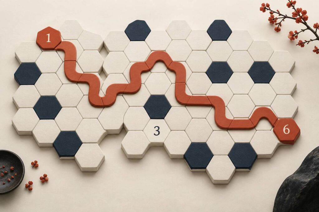 Grille de jeu hexagonale avec chiffres et chemin continu, style épuré
