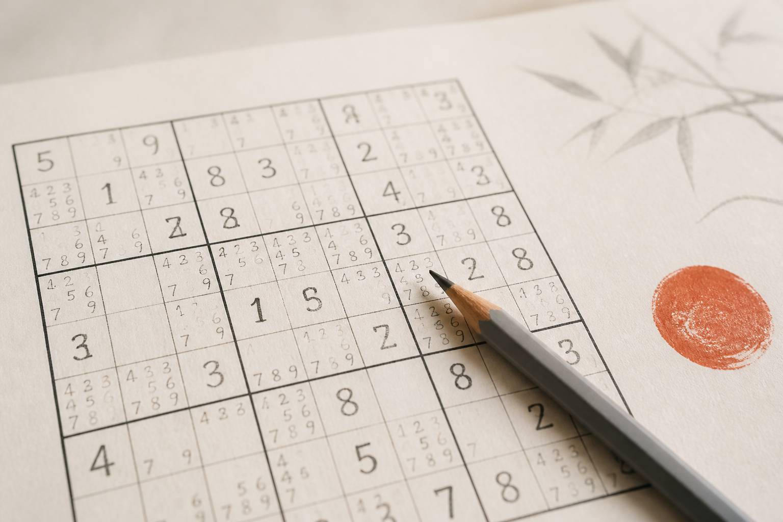 Grille de sudoku avec annotations de candidats au crayon dans les cases
