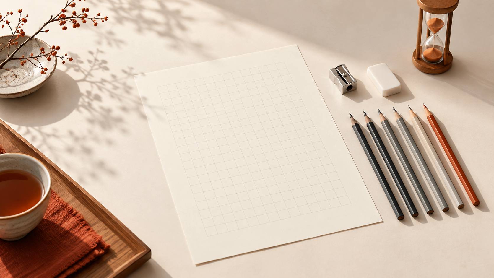 Crayons, gomme et taille-crayon posés près d'une grille vierge sur une table