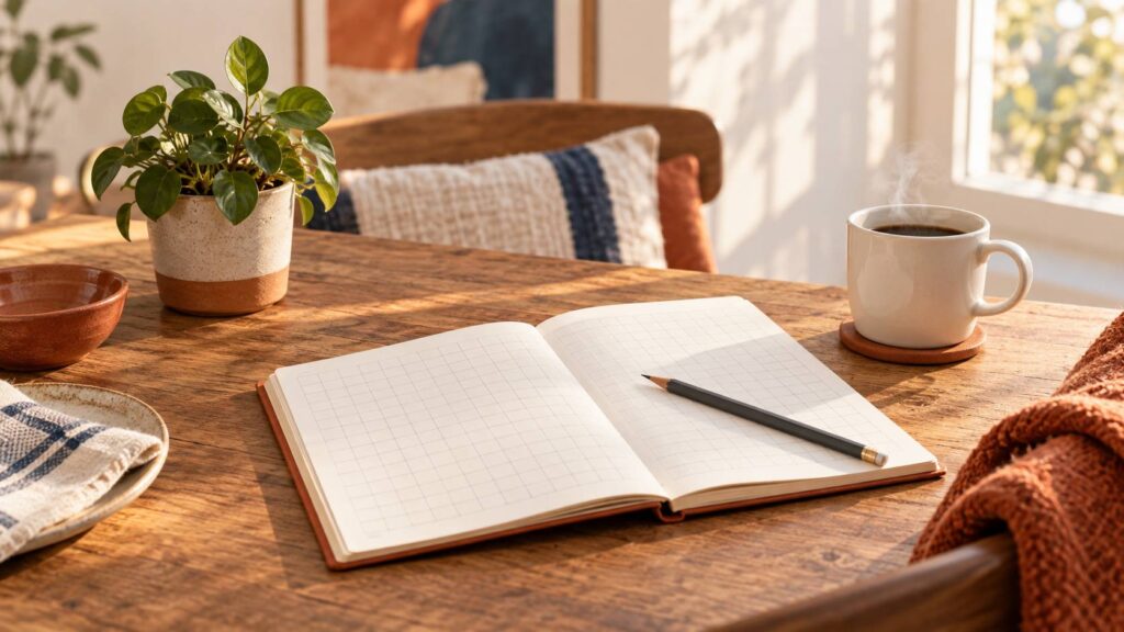 Carnet ouvert avec grille vierge et crayon sur une table de café lumineuse