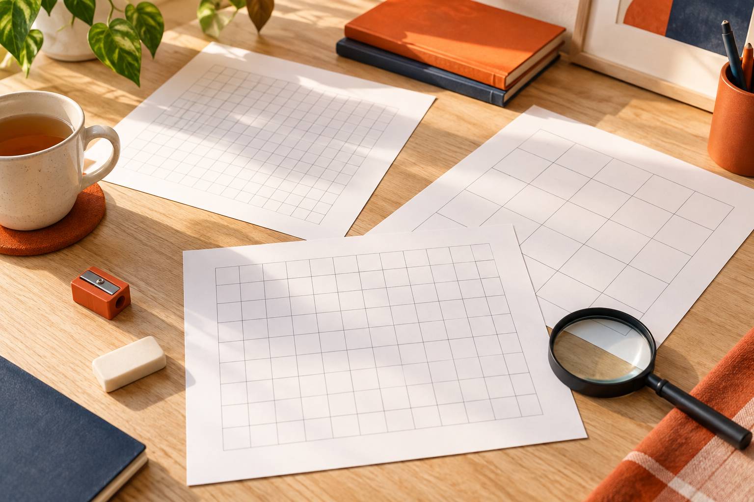 Feuilles à grille vide, gomme et loupe sur un bureau en bois clair