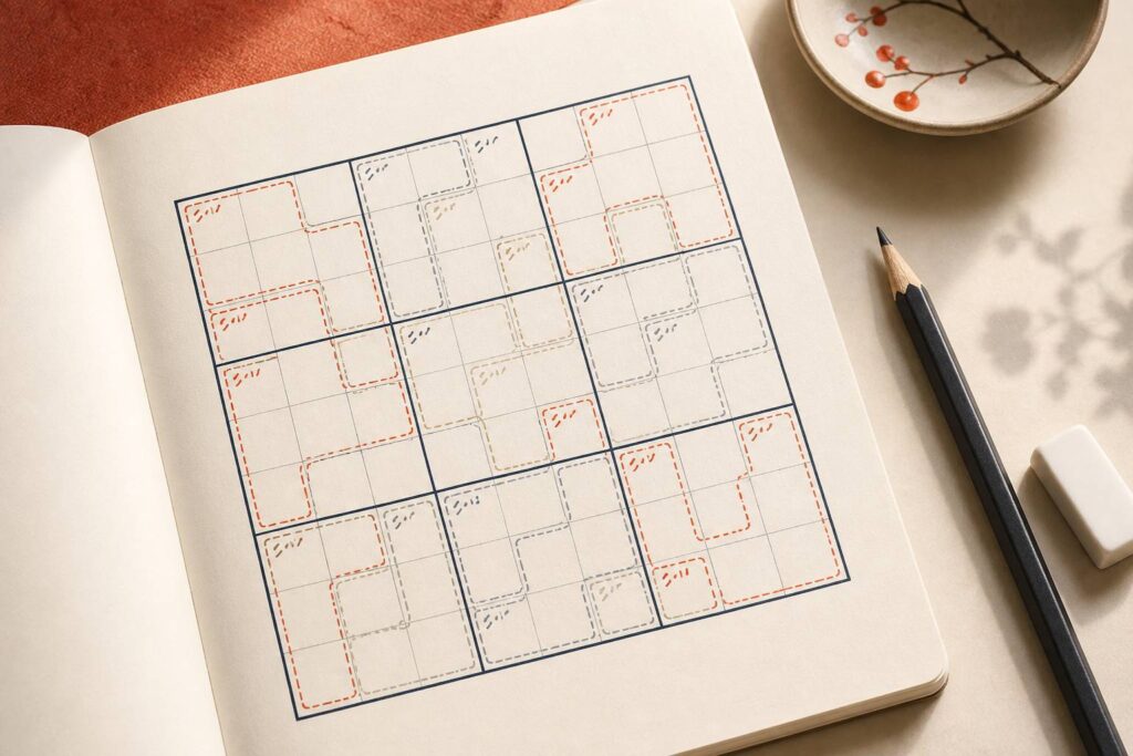 Grille de sudoku killer avec cages colorées et crayon à papier