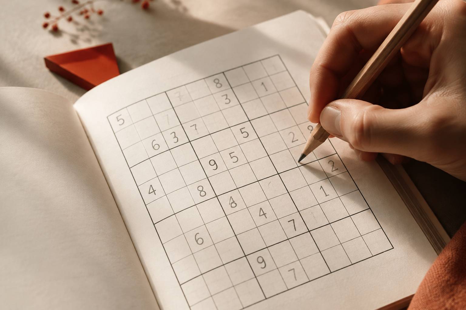Main qui écrit un chiffre dans une grille de sudoku avec un crayon à papier