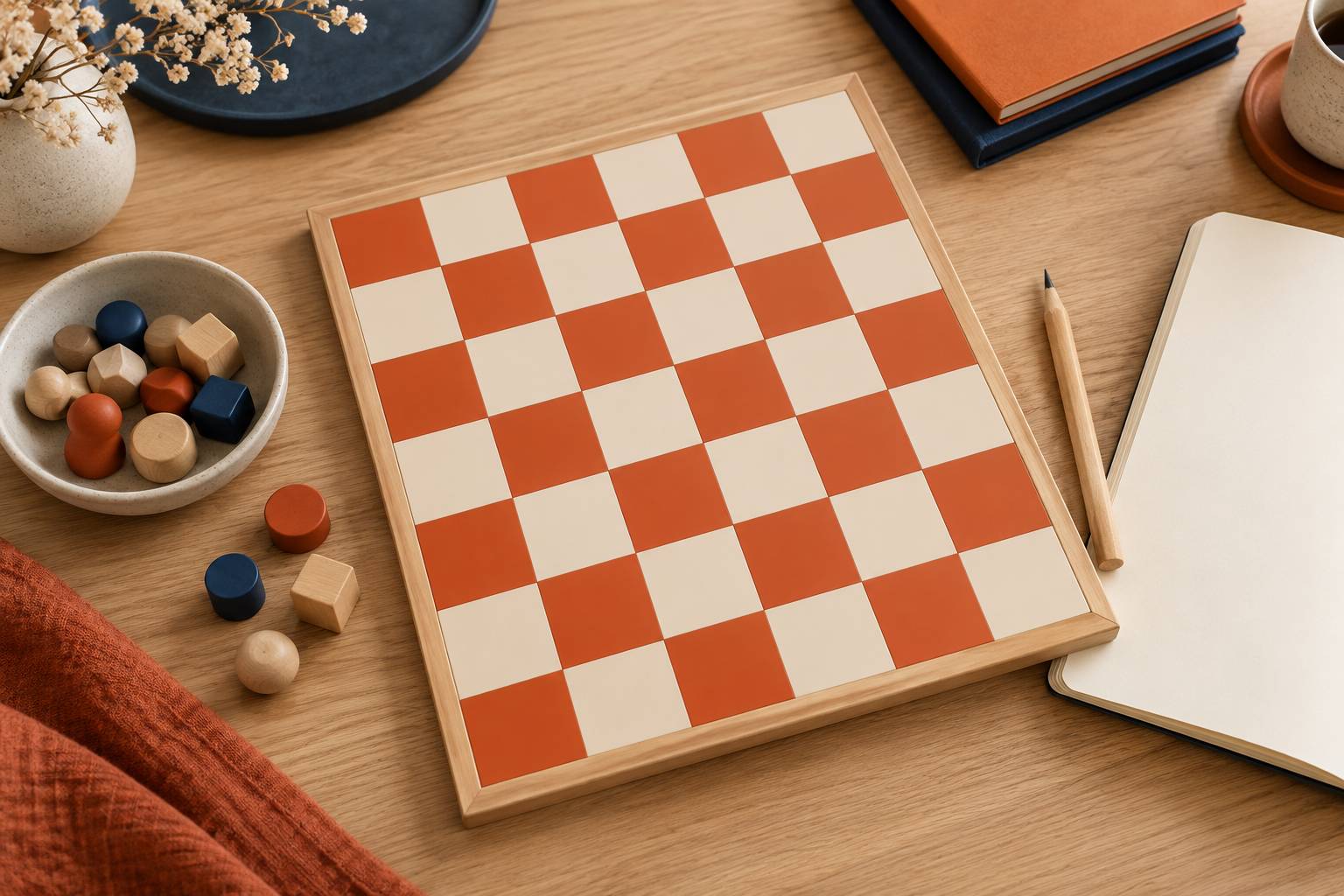 Plateau de jeu abstrait aux cases vides avec pions neutres poses a cote