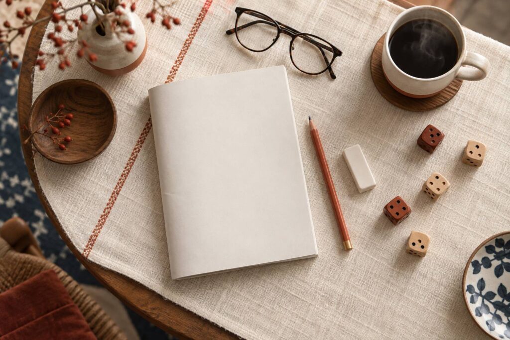 Magazine a la couverture unie, crayon et tasse de cafe sur une table de salon