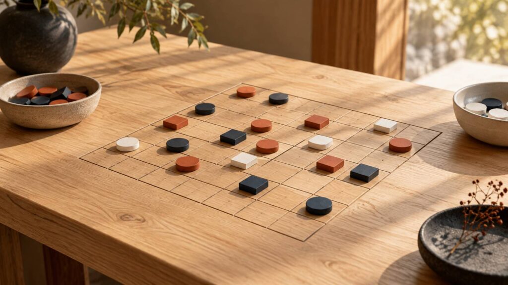 Grille de jeu abstraite en bois avec pions ronds et carrés disposés en motif
