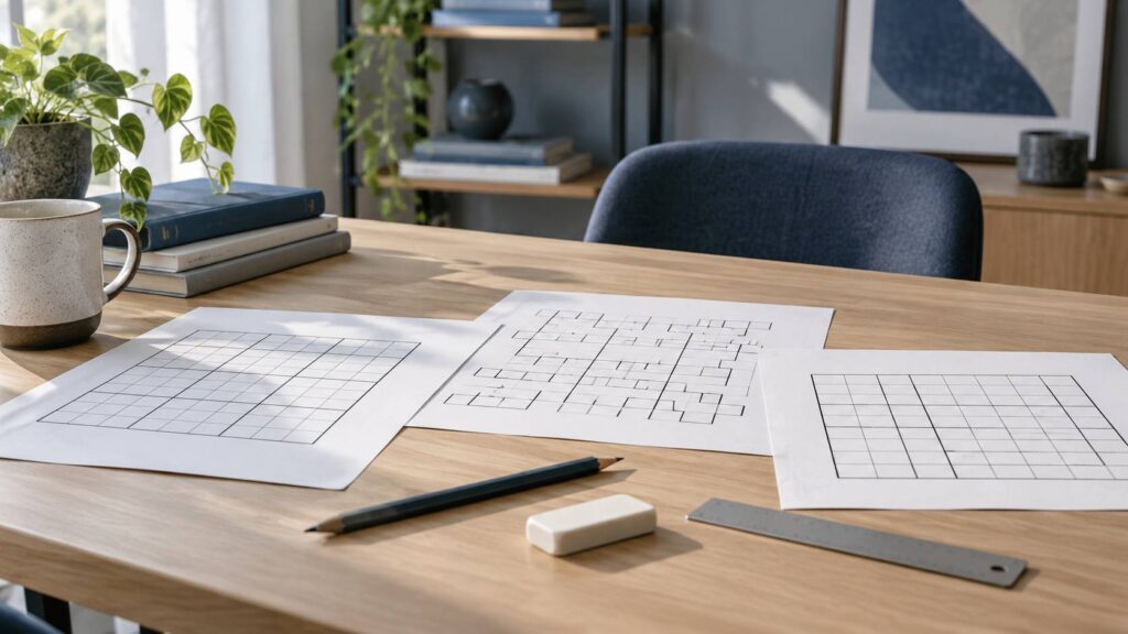 Grilles de puzzle en cases et crayon sur une table en bois clair