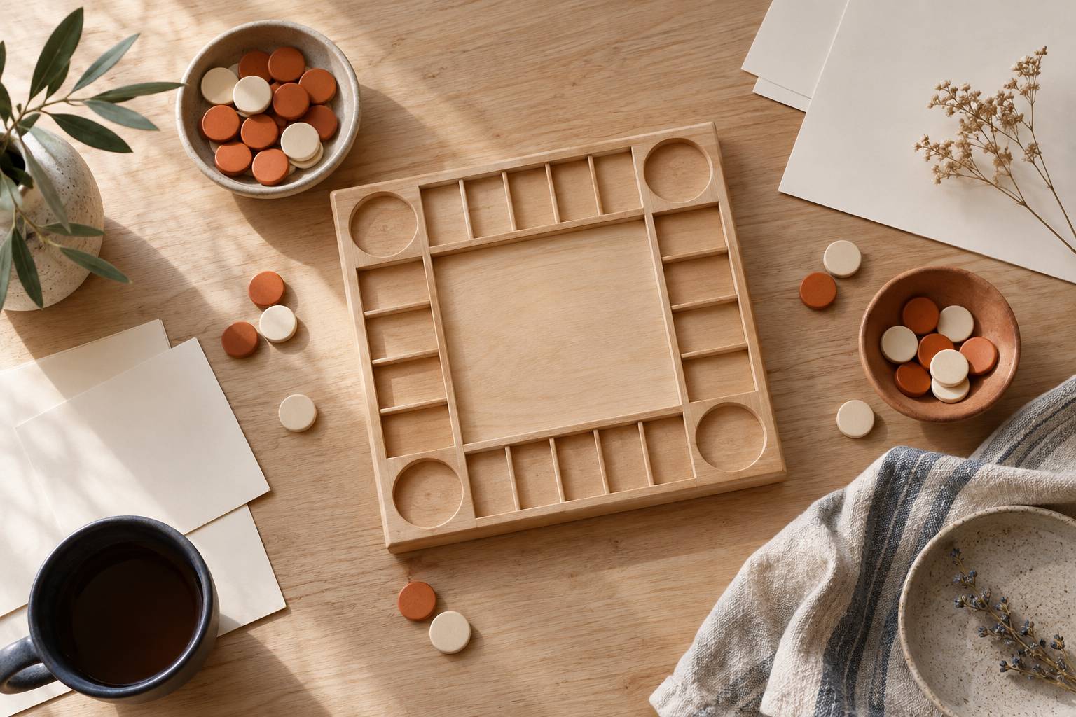 Plateau a cases vides et petits jetons ronds sur une table en bois