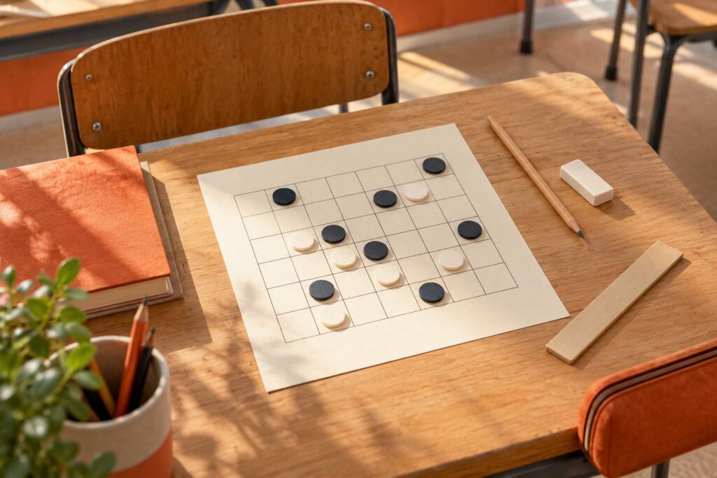 Grille de jeu dessinée sur papier avec jetons noirs et blancs sur un bureau d'école