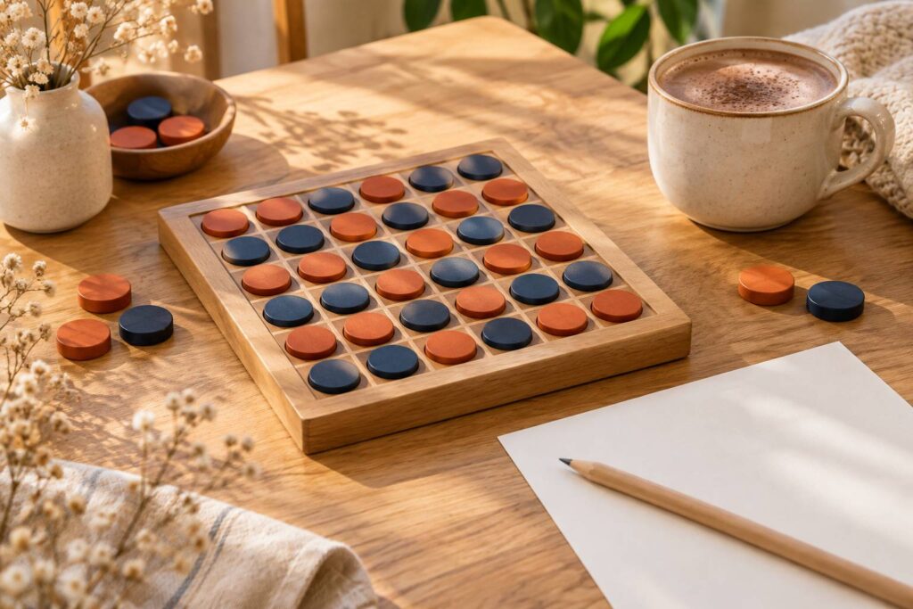 Plateau de jeu quadrillé avec jetons en bois de deux couleurs sur une table